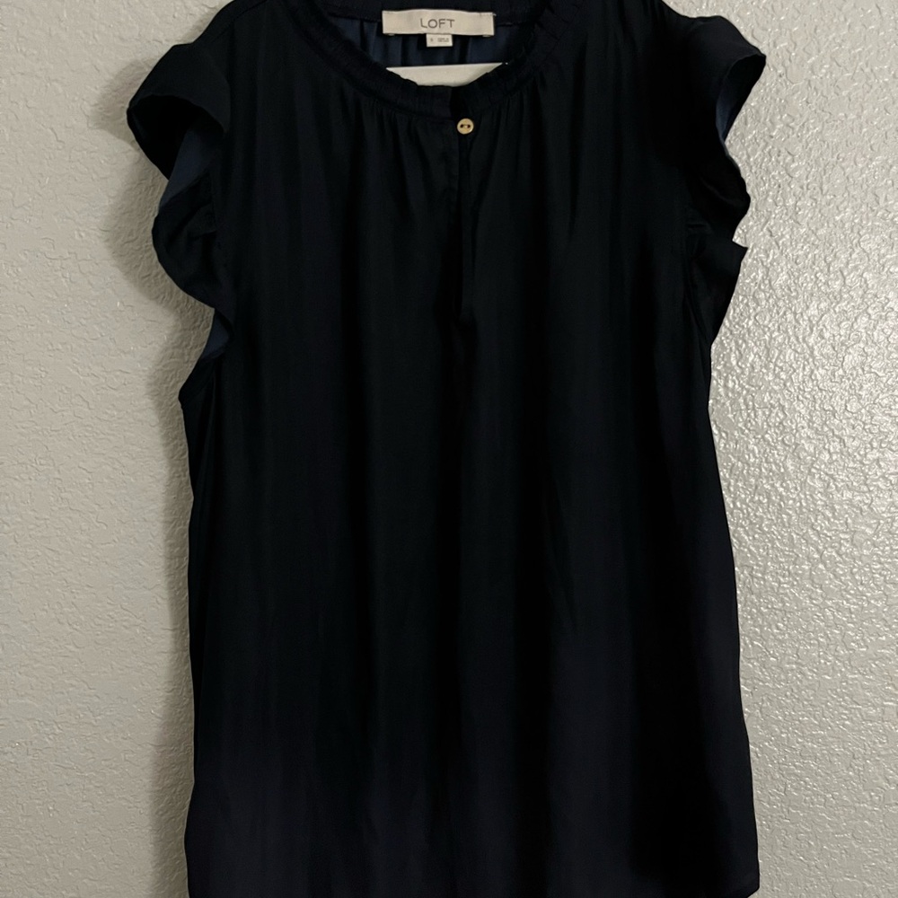 LOFT Navy Blue Ruffle Sleeve Shell Top